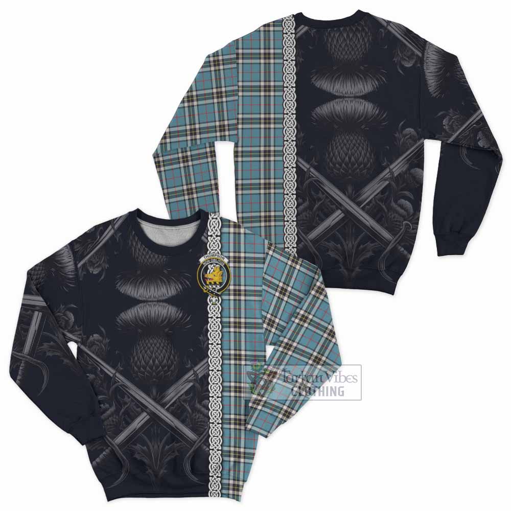 Tartan Vibes Clothing Thompson (Thomson) Tartan Sweatshirt with Family Crest Cross Sword Thistle Celtic Vibes