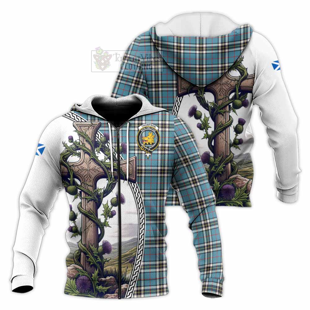 Tartan Vibes Clothing Thompson (Thomson) Tartan Knitted Hoodie with Family Crest and St. Andrew's Cross Accented by Thistle Vines