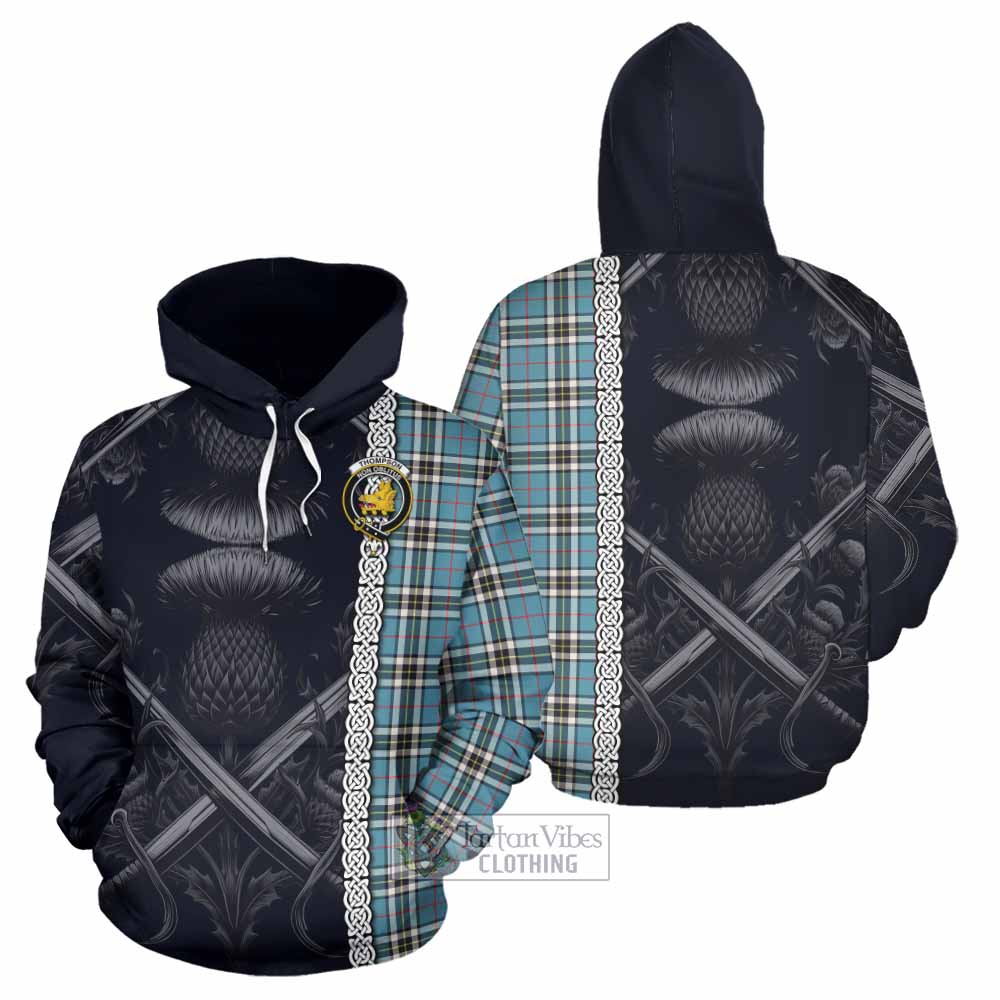 Tartan Vibes Clothing Thompson (Thomson) Tartan Hoodie with Family Crest Cross Sword Thistle Celtic Vibes