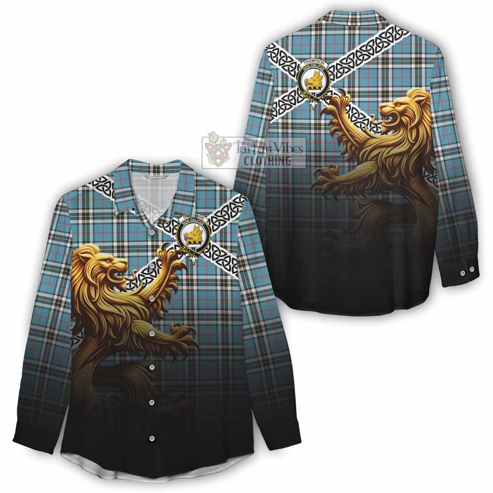Tartan Vibes Clothing Thompson (Thomson) Crest Tartan Women's Casual Shirt with Golden Lion Emblem Celtic Style