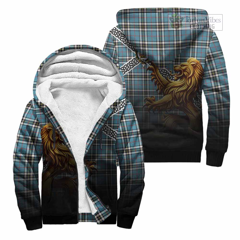 Tartan Vibes Clothing Thompson (Thomson) Crest Tartan Sherpa Hoodie with Golden Lion Emblem Celtic Style