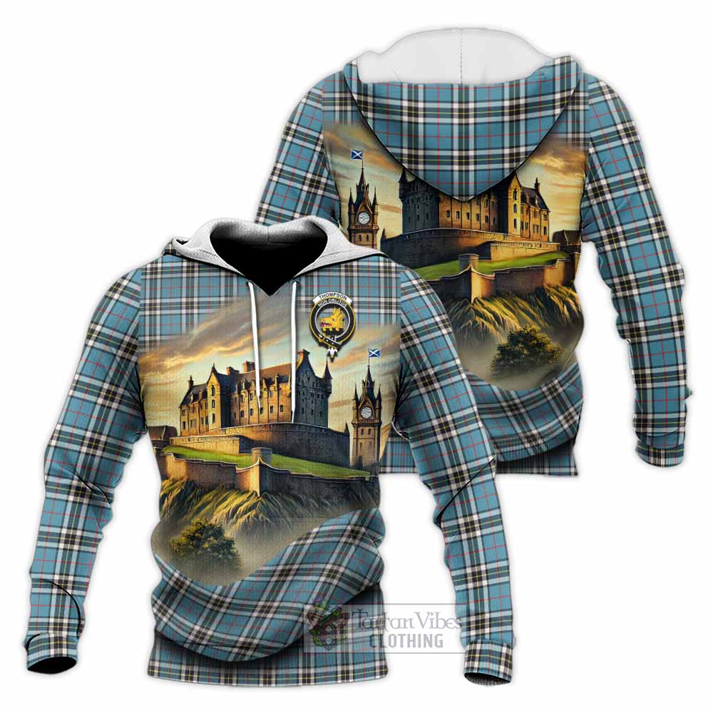 Tartan Vibes Clothing Thompson (Thomson) Tartan Family Crest Knitted Hoodie with Scottish Ancient Castle Style