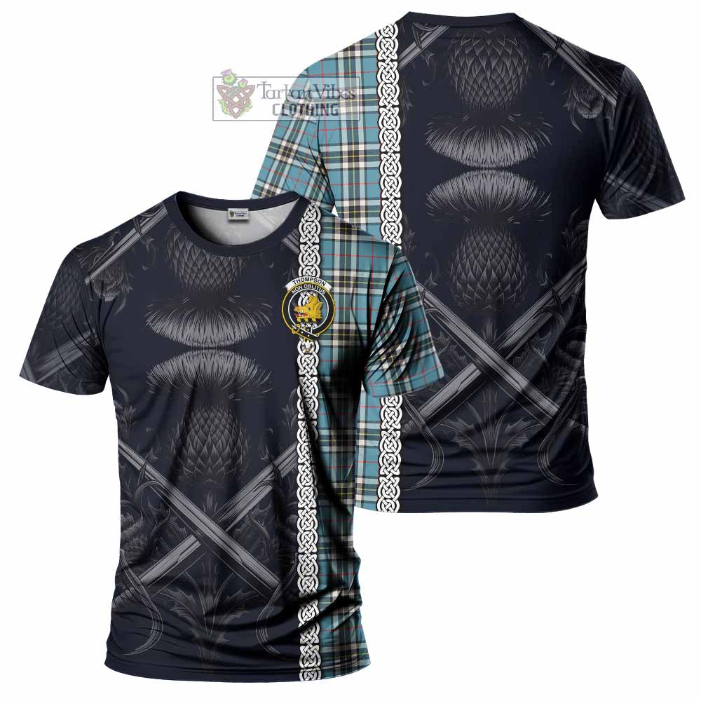 Tartan Vibes Clothing Thompson (Thomson) Tartan T-Shirt with Family Crest Cross Sword Thistle Celtic Vibes