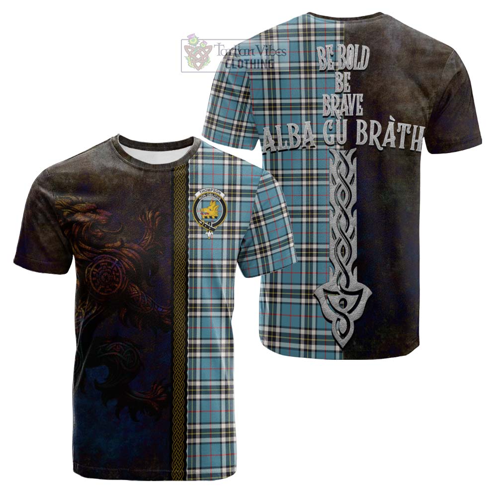 Tartan Vibes Clothing Thompson (Thomson) Tartan Family Crest Cotton T-shirt Alba Gu Brath Be Brave Lion Ancient Style