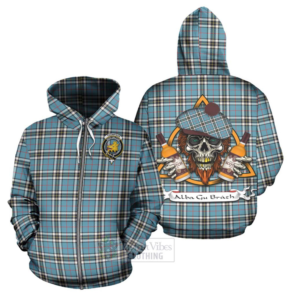 Tartan Vibes Clothing Thompson (Thomson) Tartan Hoodie with Family Crest and Bearded Skull Holding Bottles of Whiskey