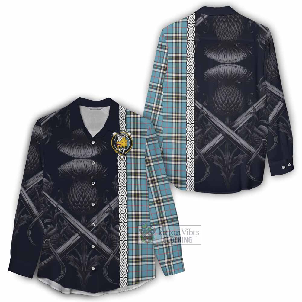 Tartan Vibes Clothing Thompson (Thomson) Tartan Women's Casual Shirt with Family Crest Cross Sword Thistle Celtic Vibes