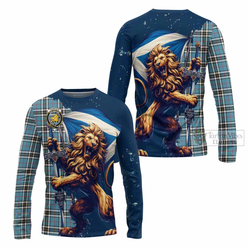 Tartan Vibes Clothing Thompson (Thomson) Tartan Family Crest Long Sleeve T-Shirt with Scottish Majestic Lion
