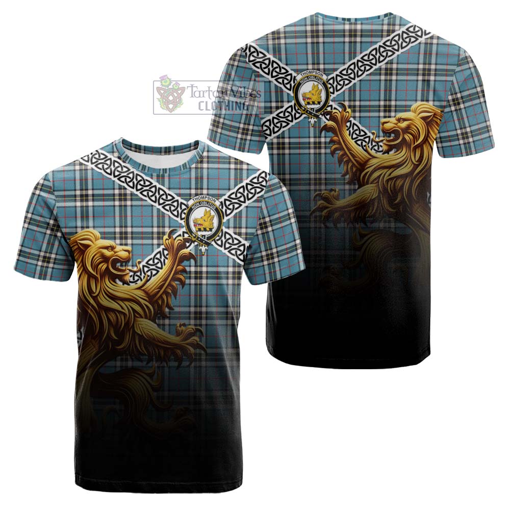 Tartan Vibes Clothing Thompson (Thomson) Crest Tartan Cotton T-shirt with Golden Lion Emblem Celtic Style