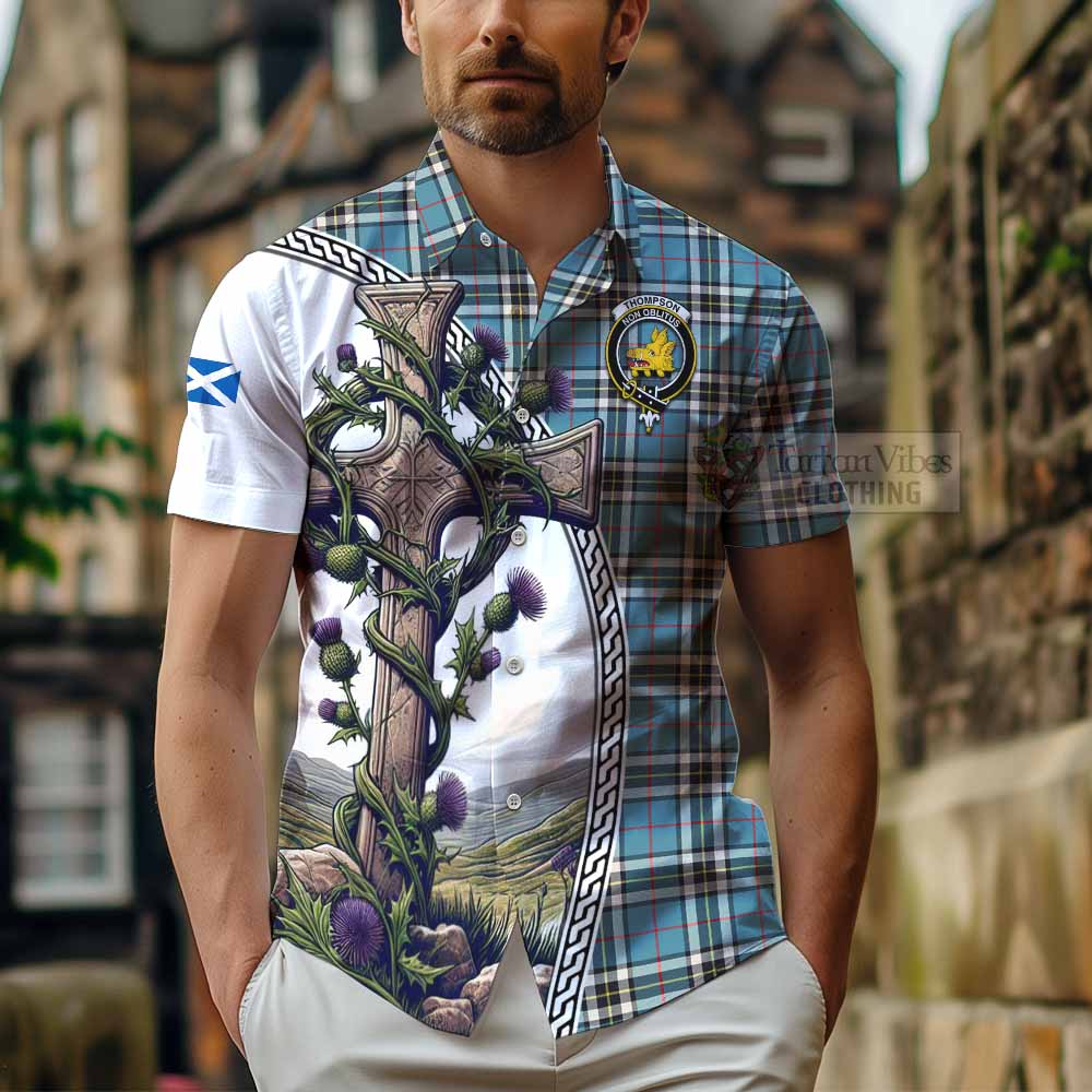 Thompson (Thomson) Tartan Hawaiian Shirt with Family Crest and St. Andrew's Cross Accented by Thistle Vines