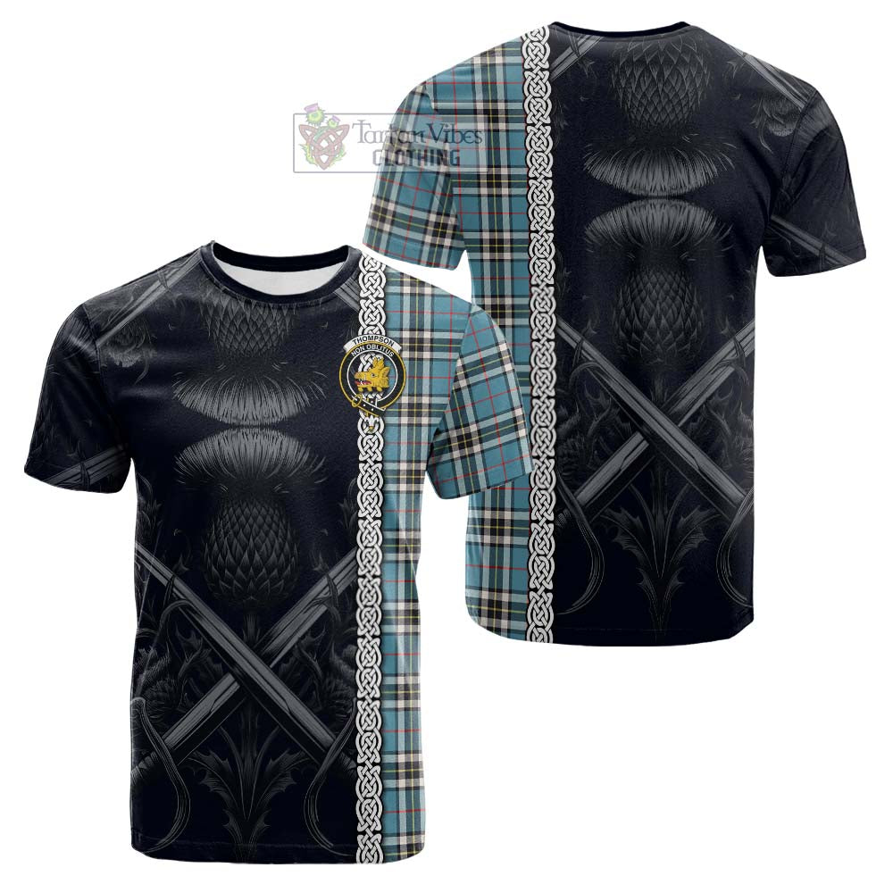 Tartan Vibes Clothing Thompson (Thomson) Tartan Cotton T-shirt with Family Crest Cross Sword Thistle Celtic Vibes