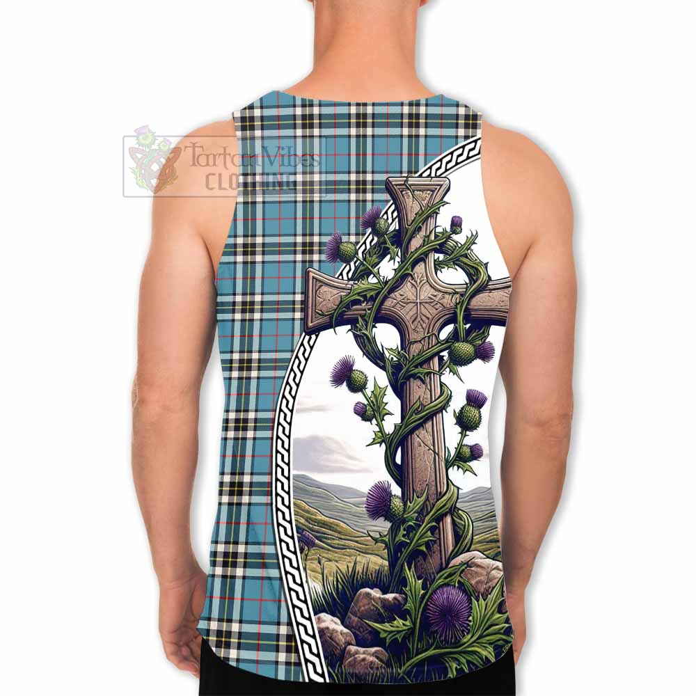 Tartan Vibes Clothing Thompson (Thomson) Tartan Men's Tank Top with Family Crest and St. Andrew's Cross Accented by Thistle Vines