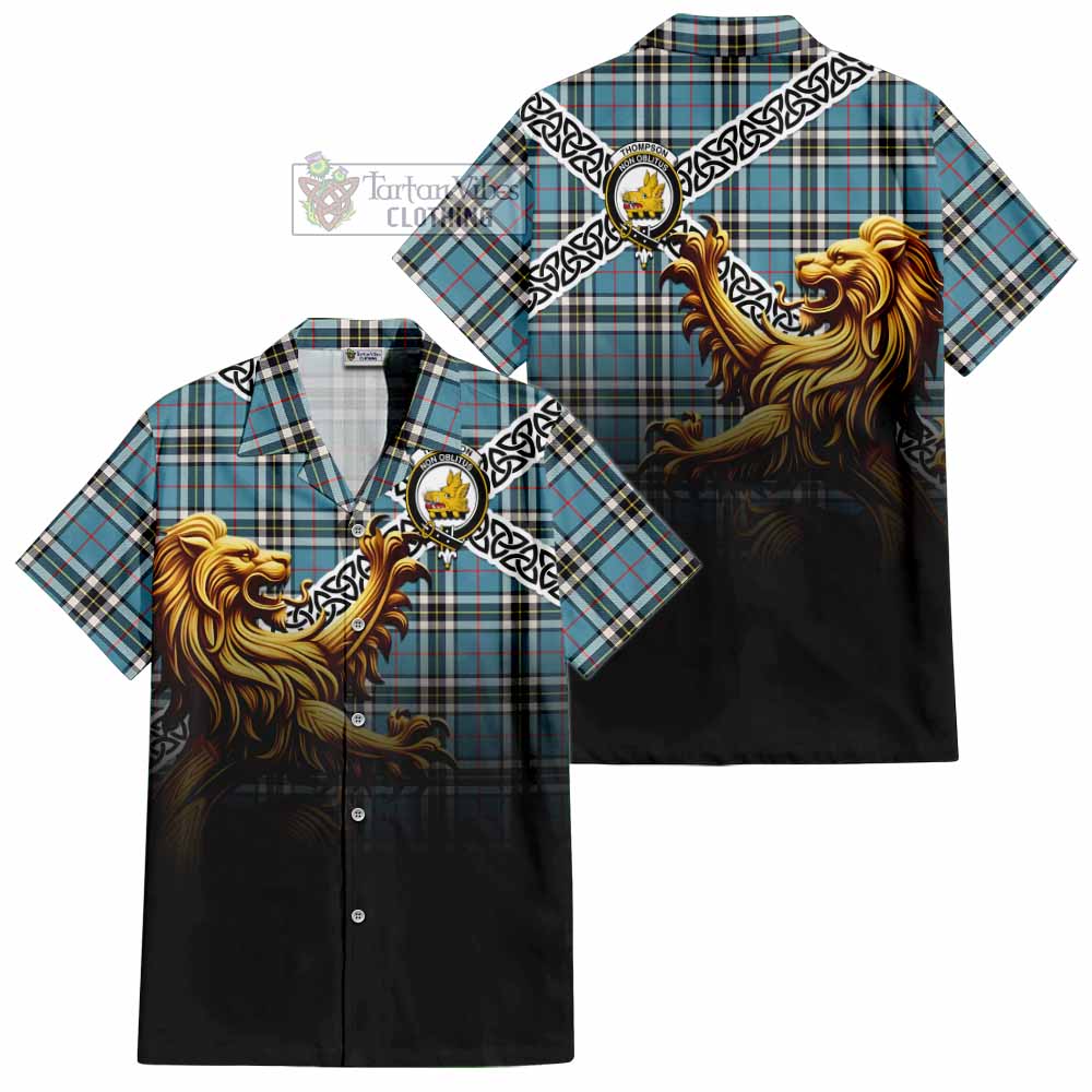 Tartan Vibes Clothing Thompson (Thomson) Crest Tartan Short Sleeve Button Shirt with Golden Lion Emblem Celtic Style