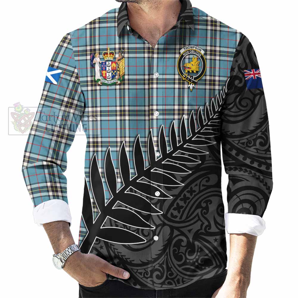 Tartan Vibes Clothing Thompson (Thomson) Crest Tartan Long Sleeve Button Shirt with New Zealand Silver Fern Half Style