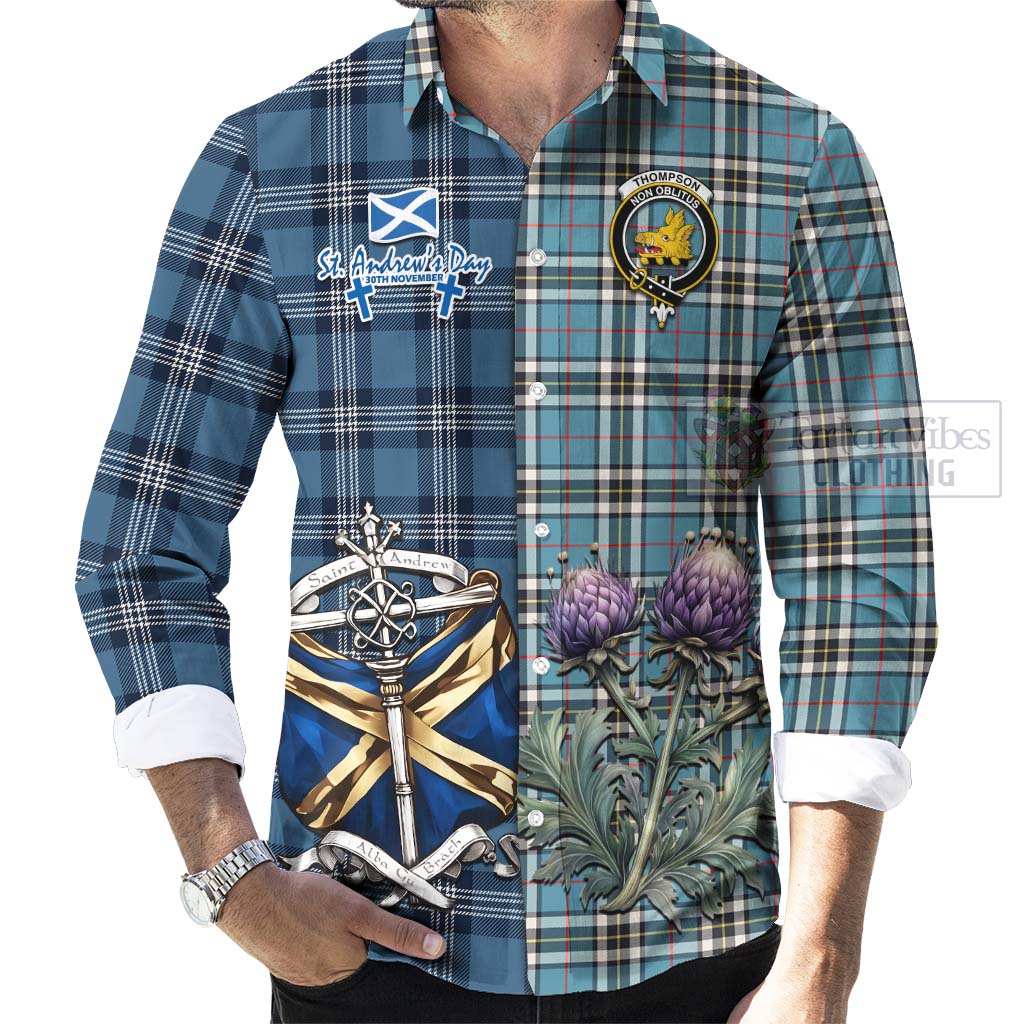 Tartan Vibes Clothing Thompson (Thomson) Tartan Long Sleeve Button Shirt Happy St. Andrew's Day Half Tartan Style