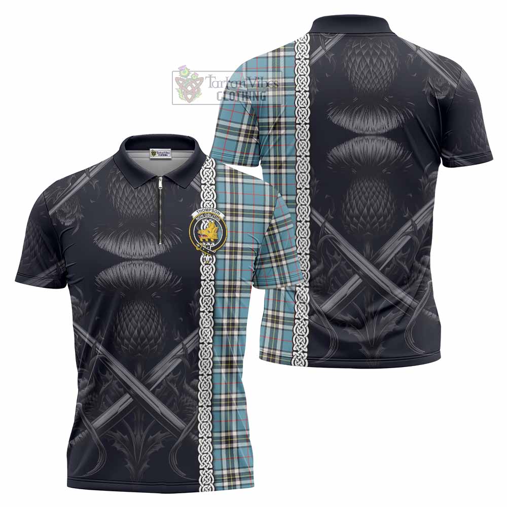 Tartan Vibes Clothing Thompson (Thomson) Tartan Zipper Polo Shirt with Family Crest Cross Sword Thistle Celtic Vibes