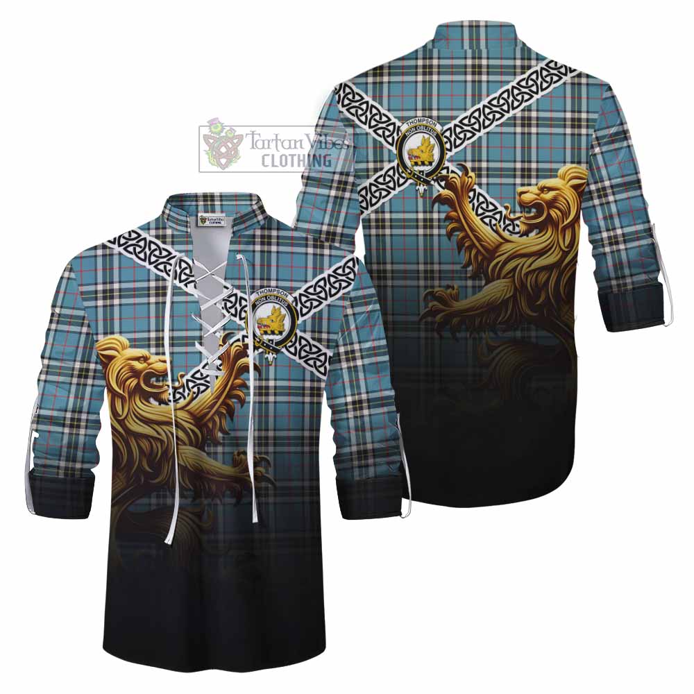 Tartan Vibes Clothing Thompson (Thomson) Crest Tartan Ghillie Kilt Shirt with Golden Lion Emblem Celtic Style