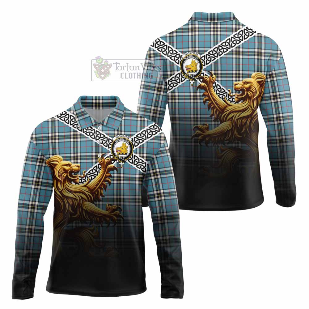 Tartan Vibes Clothing Thompson (Thomson) Crest Tartan Long Sleeve Polo Shirt with Golden Lion Emblem Celtic Style