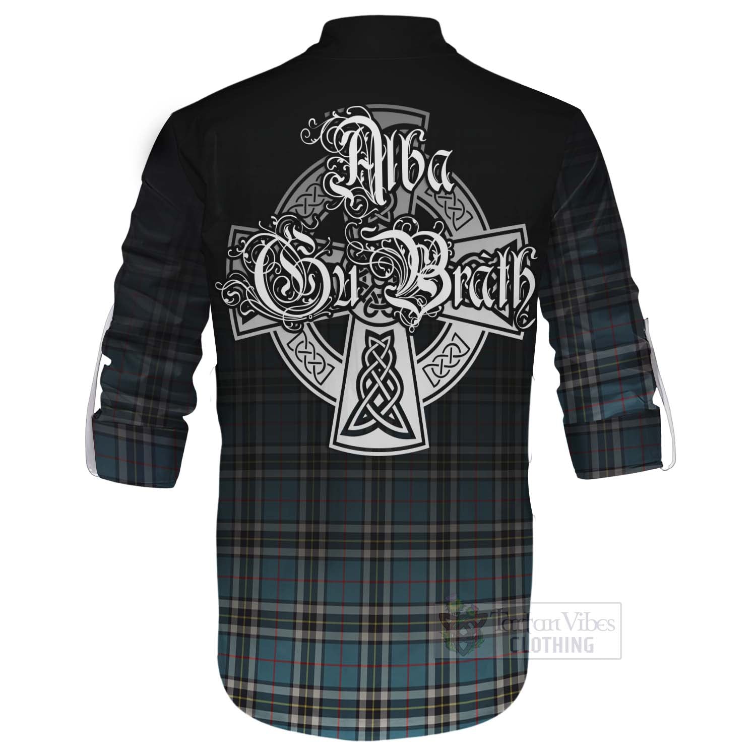 Tartan Vibes Clothing Thompson (Thomson) Tartan Ghillie Kilt Shirt Featuring Alba Gu Brath Family Crest Celtic Inspired