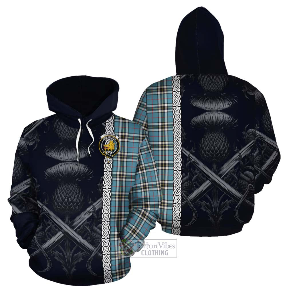 Tartan Vibes Clothing Thompson (Thomson) Tartan Cotton Hoodie with Family Crest Cross Sword Thistle Celtic Vibes