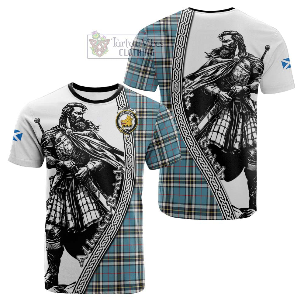Thompson (Thomson) Tartan Clan Crest Cotton T-shirt with Highlander Warrior Celtic Style