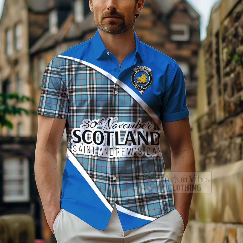 Tartan Vibes Clothing Thompson (Thomson) Family Crest Tartan Short Sleeve Button Shirt Celebrate Saint Andrew's Day in Style