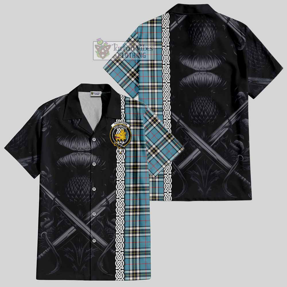 Tartan Vibes Clothing Thompson (Thomson) Tartan Short Sleeve Button Shirt with Family Crest Cross Sword Thistle Celtic Vibes