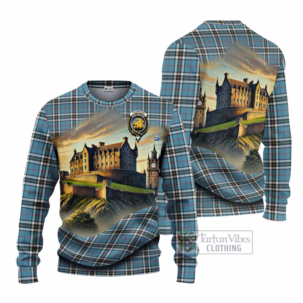Tartan Vibes Clothing Thompson (Thomson) Tartan Family Crest Knitted Sweater with Scottish Ancient Castle Style