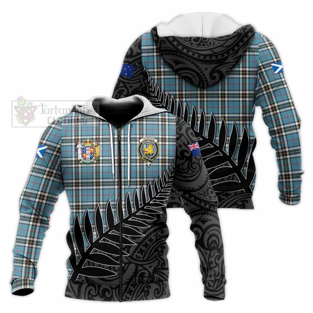 Tartan Vibes Clothing Thompson (Thomson) Crest Tartan Knitted Hoodie with New Zealand Silver Fern Half Style