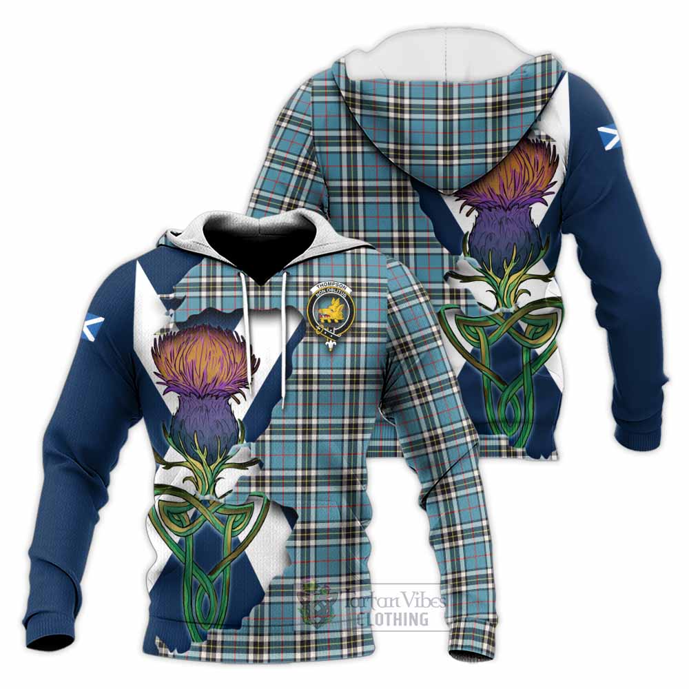 Tartan Vibes Clothing Thompson (Thomson) Tartan Family Crest Knitted Hoodie Scottish Thistle Celtic Inspired