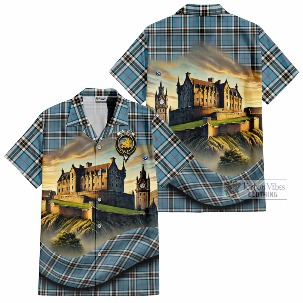 Tartan Vibes Clothing Thompson (Thomson) Tartan Family Crest Short Sleeve Button Shirt with Scottish Ancient Castle Style