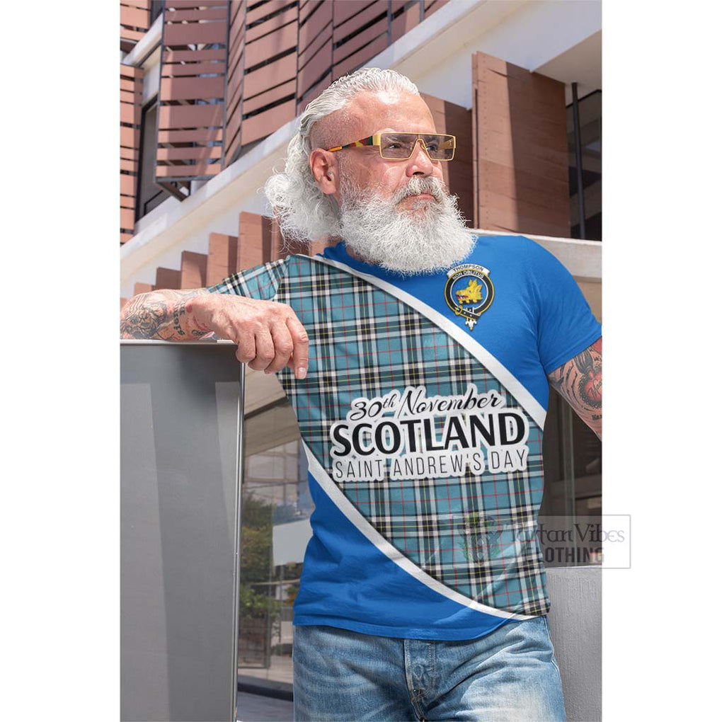 Tartan Vibes Clothing Thompson (Thomson) Family Crest Tartan Cotton T-shirt Celebrate Saint Andrew's Day in Style