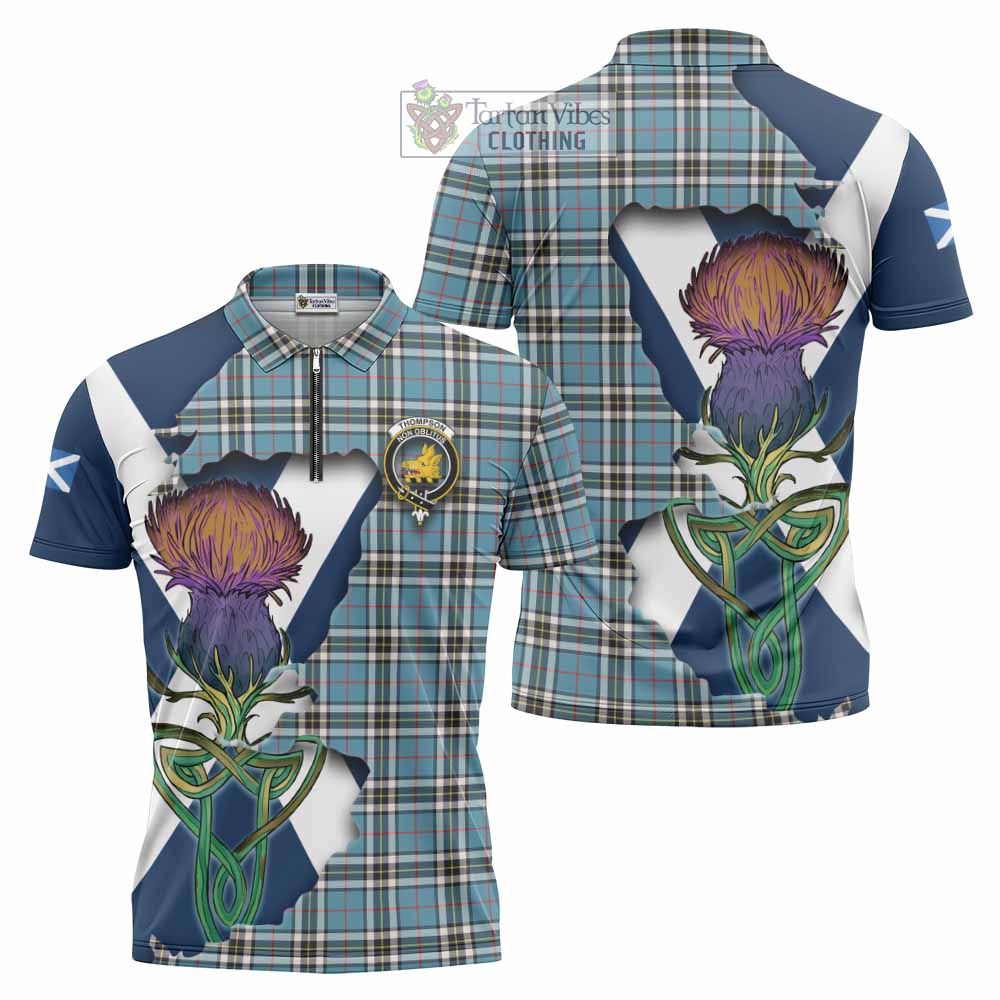 Tartan Vibes Clothing Thompson (Thomson) Tartan Family Crest Zipper Polo Shirt Scottish Thistle Celtic Inspired