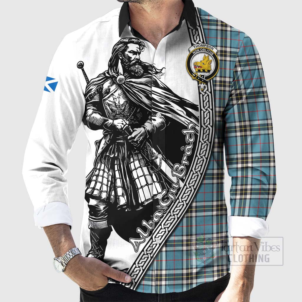Tartan Vibes Clothing Thompson (Thomson) Tartan Clan Crest Long Sleeve Button Shirt with Highlander Warrior Celtic Style