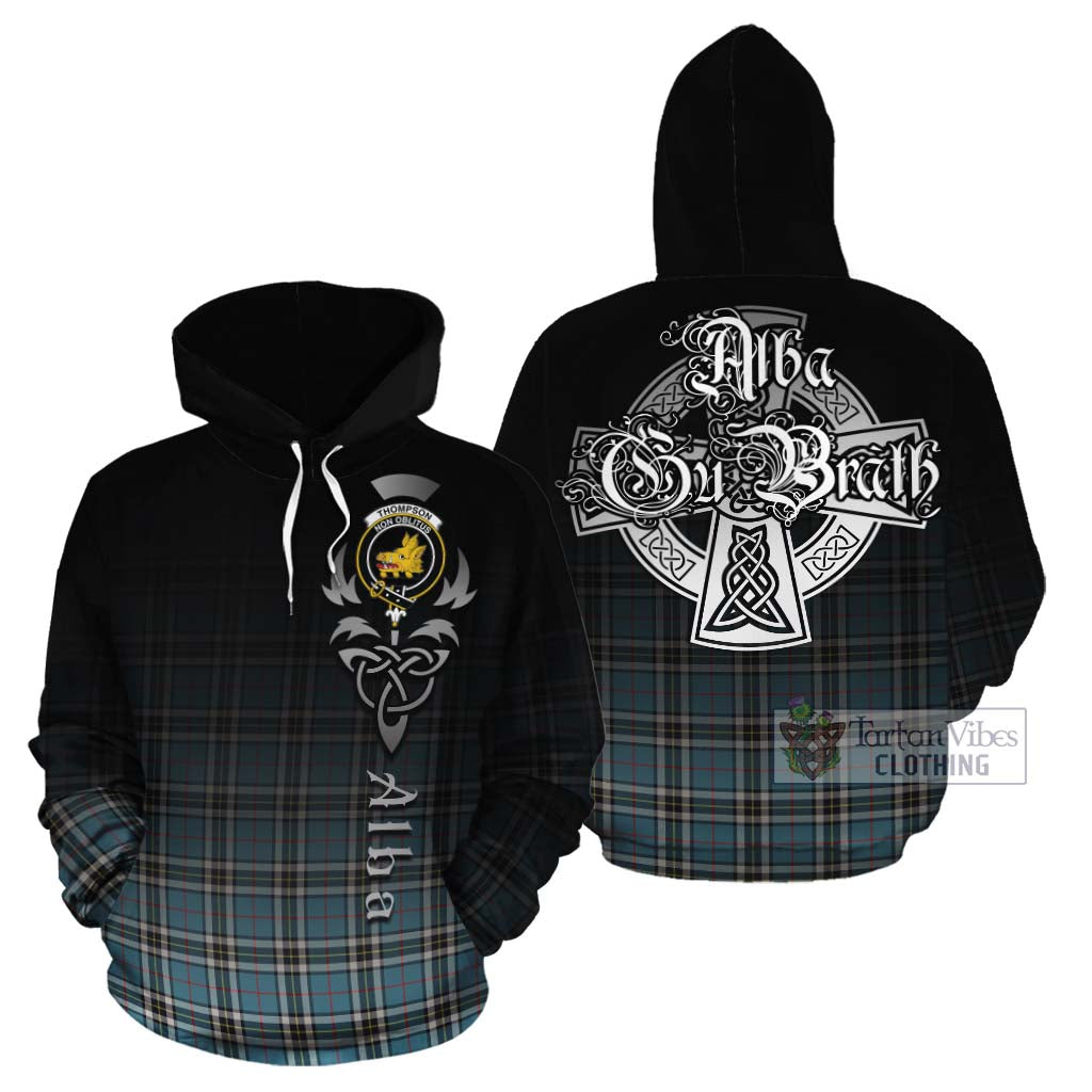 Tartan Vibes Clothing Thompson (Thomson) Tartan Cotton Hoodie Featuring Alba Gu Brath Family Crest Celtic Inspired