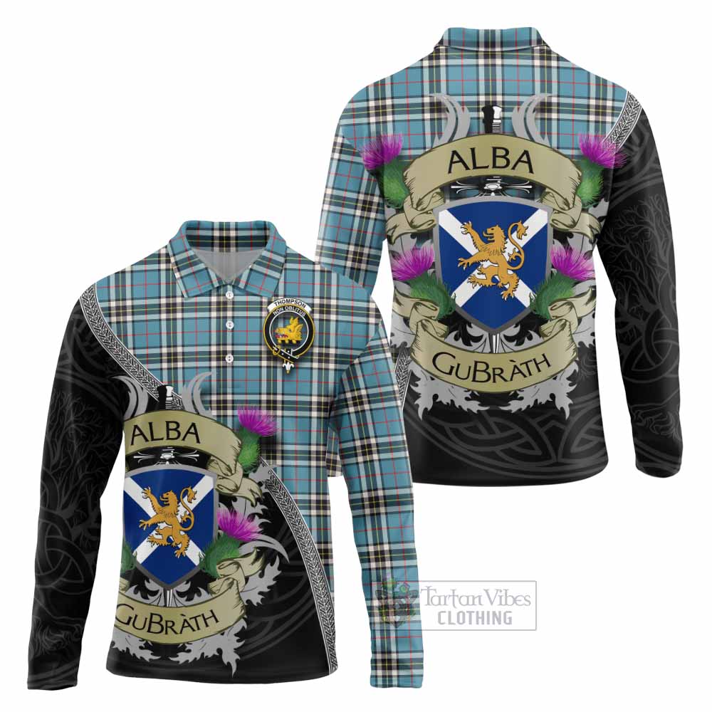 Tartan Vibes Clothing Thompson (Thomson) Tartan Family Crest Long Sleeve Polo Shirt Lion Rampant Royal Thistle Shield Celtic Inspired