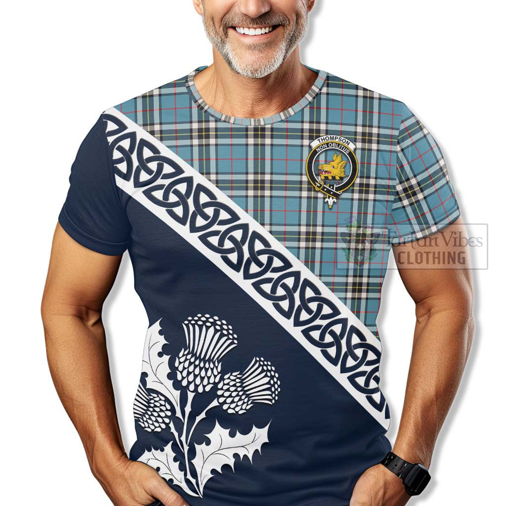 Thompson (Thomson) Tartan T-Shirt Featuring Thistle and Scotland Map