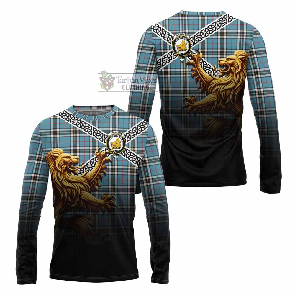 Tartan Vibes Clothing Thompson (Thomson) Crest Tartan Long Sleeve T-Shirt with Golden Lion Emblem Celtic Style