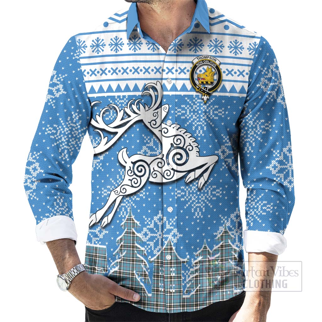 Tartan Vibes Clothing Thompson (Thomson) Clan Christmas Long Sleeve Button Shirt Celtic Reindeer Style