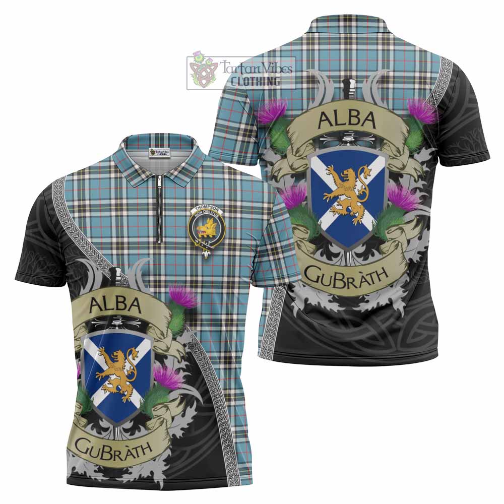 Tartan Vibes Clothing Thompson (Thomson) Tartan Family Crest Zipper Polo Shirt Lion Rampant Royal Thistle Shield Celtic Inspired