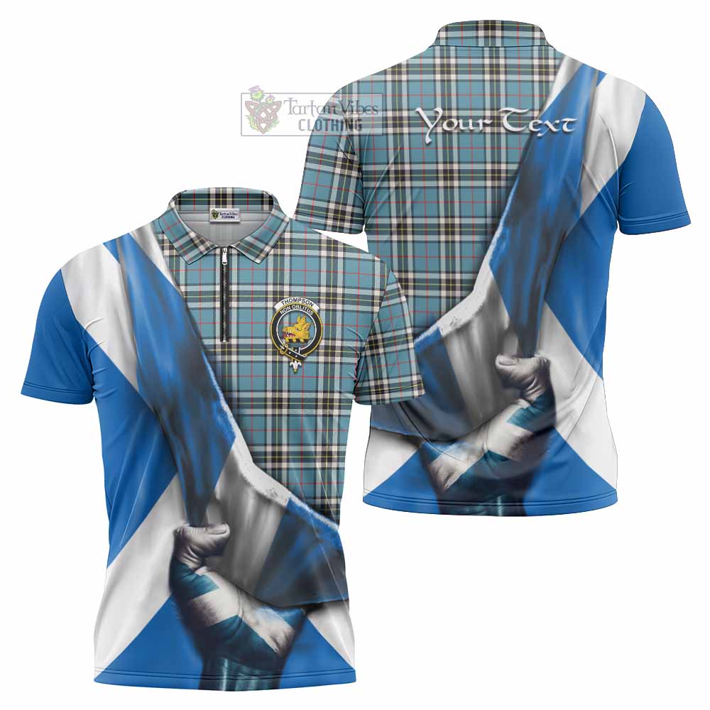 Tartan Vibes Clothing Thompson (Thomson) Tartan Zipper Polo Shirt with Family Crest Scotland Patriotic Style