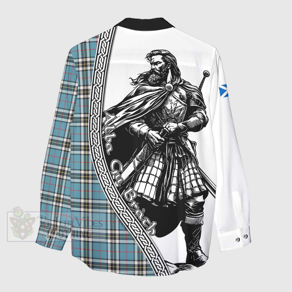 Tartan Vibes Clothing Thompson (Thomson) Tartan Clan Crest Women's Casual Shirt with Highlander Warrior Celtic Style