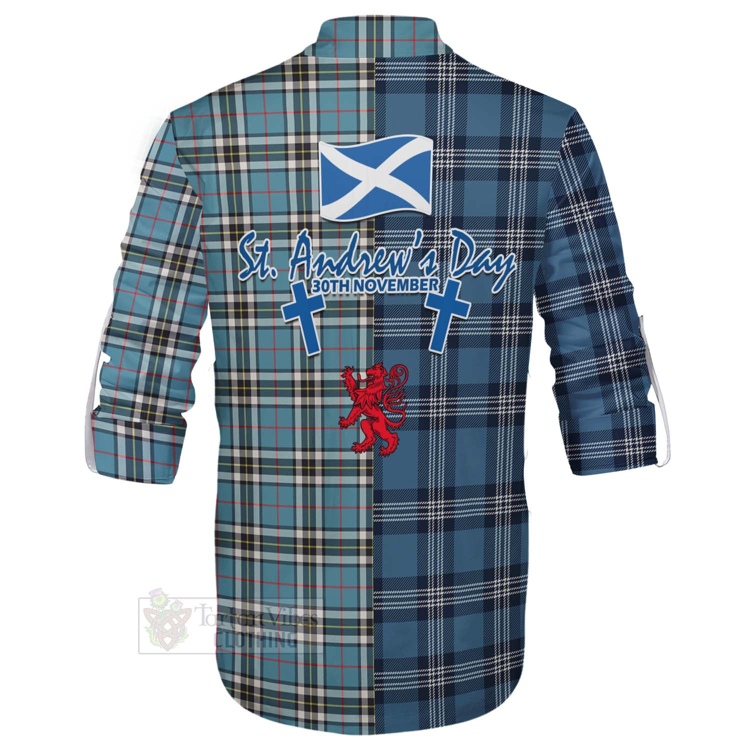 Tartan Vibes Clothing Thompson (Thomson) Tartan Ghillie Kilt Shirt Happy St. Andrew's Day Half Tartan Style