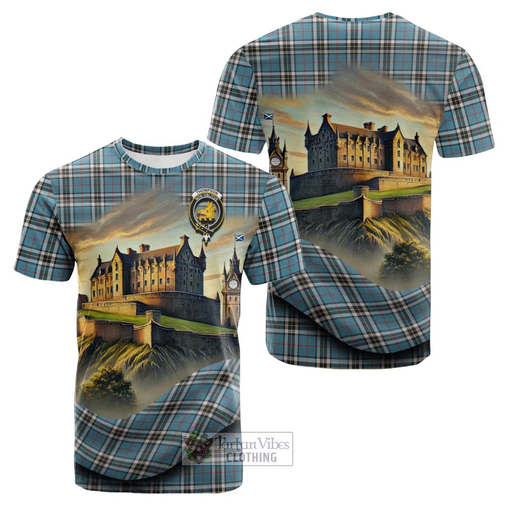 Tartan Vibes Clothing Thompson (Thomson) Tartan Family Crest Cotton T-shirt with Scottish Ancient Castle Style