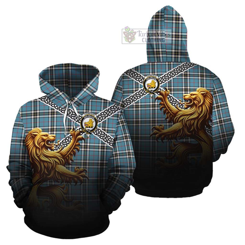 Tartan Vibes Clothing Thompson (Thomson) Crest Tartan Cotton Hoodie with Golden Lion Emblem Celtic Style
