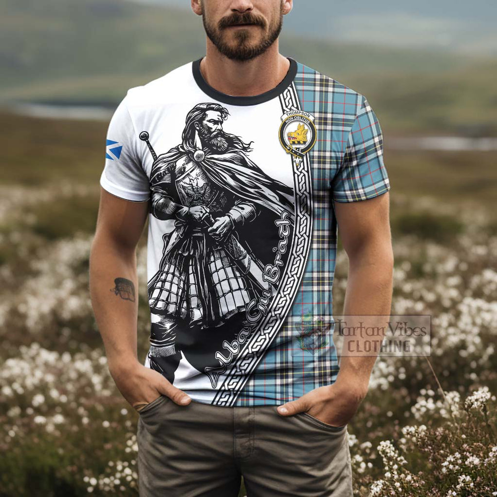 Tartan Vibes Clothing Thompson (Thomson) Tartan Clan Crest T-Shirt with Highlander Warrior Celtic Style