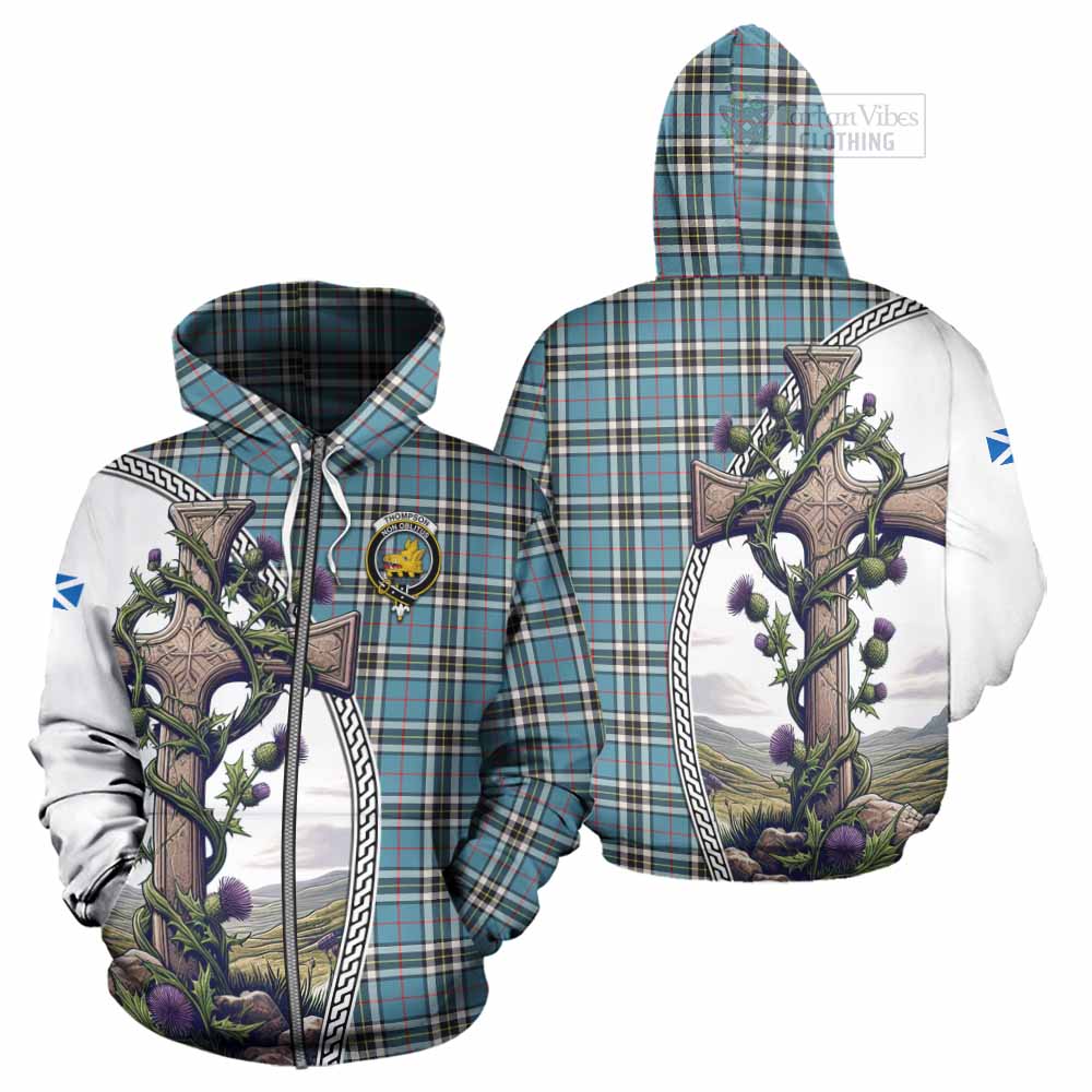 Tartan Vibes Clothing Thompson (Thomson) Tartan Hoodie with Family Crest and St. Andrew's Cross Accented by Thistle Vines
