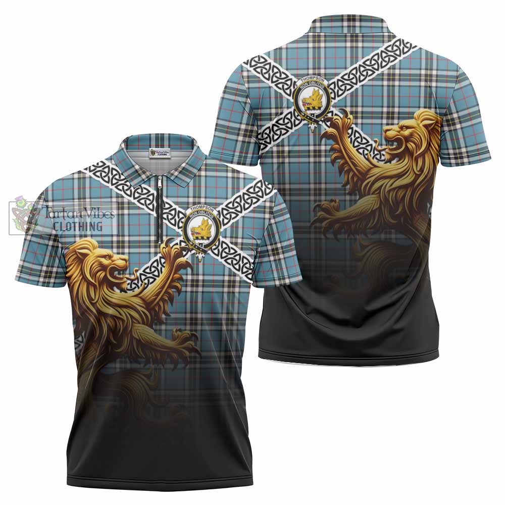 Tartan Vibes Clothing Thompson (Thomson) Crest Tartan Zipper Polo Shirt with Golden Lion Emblem Celtic Style