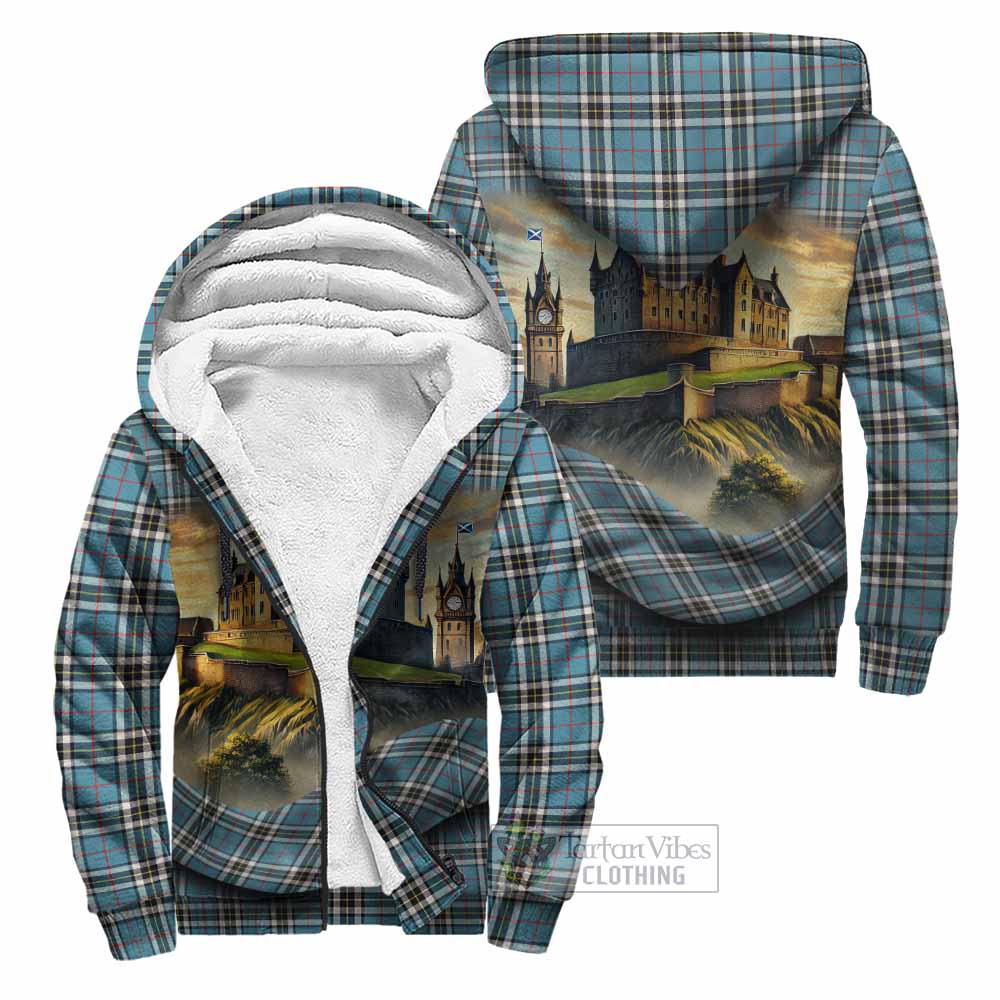 Tartan Vibes Clothing Thompson (Thomson) Tartan Family Crest Sherpa Hoodie with Scottish Ancient Castle Style