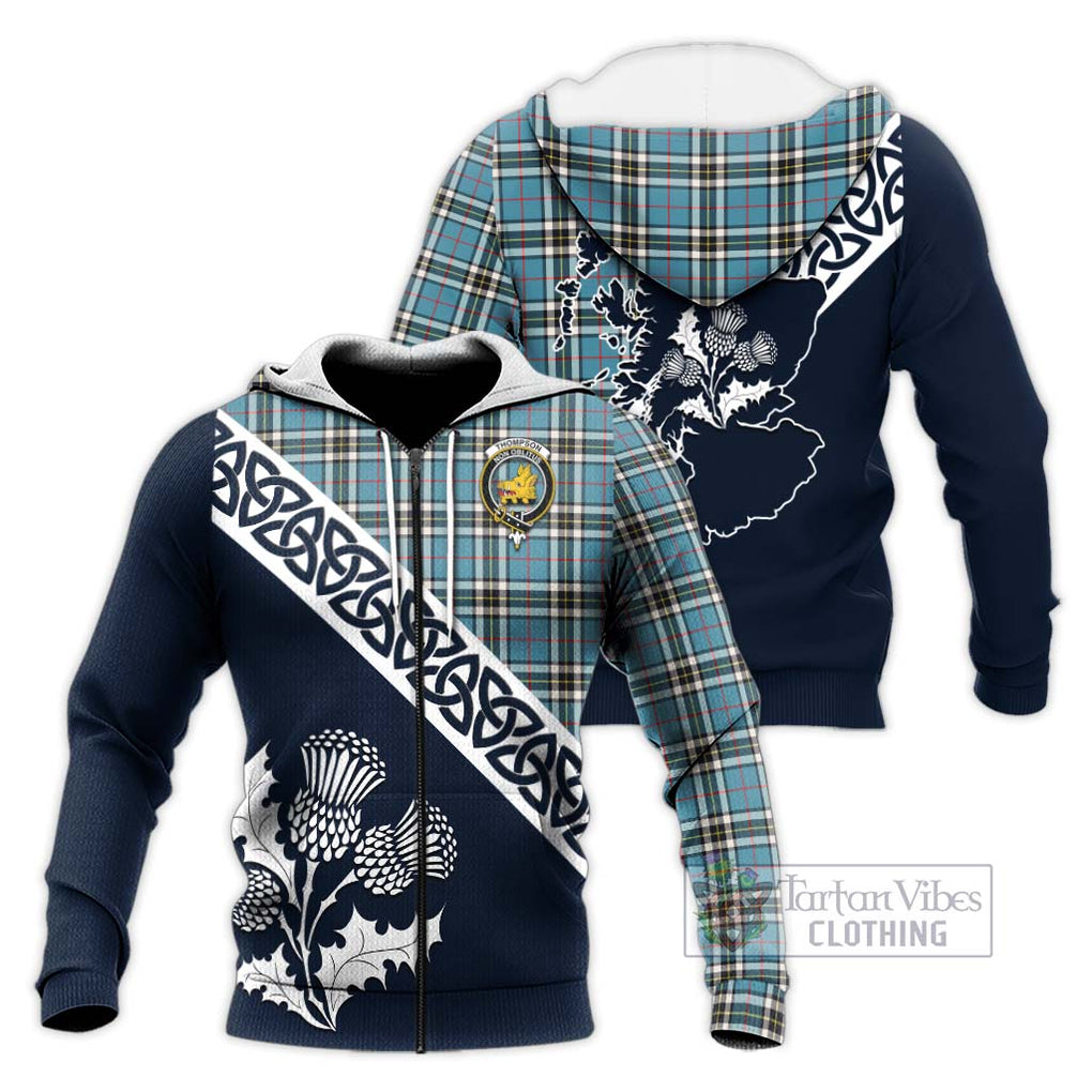 Tartan Vibes Clothing Thompson (Thomson) Tartan Knitted Hoodie Featuring Thistle and Scotland Map