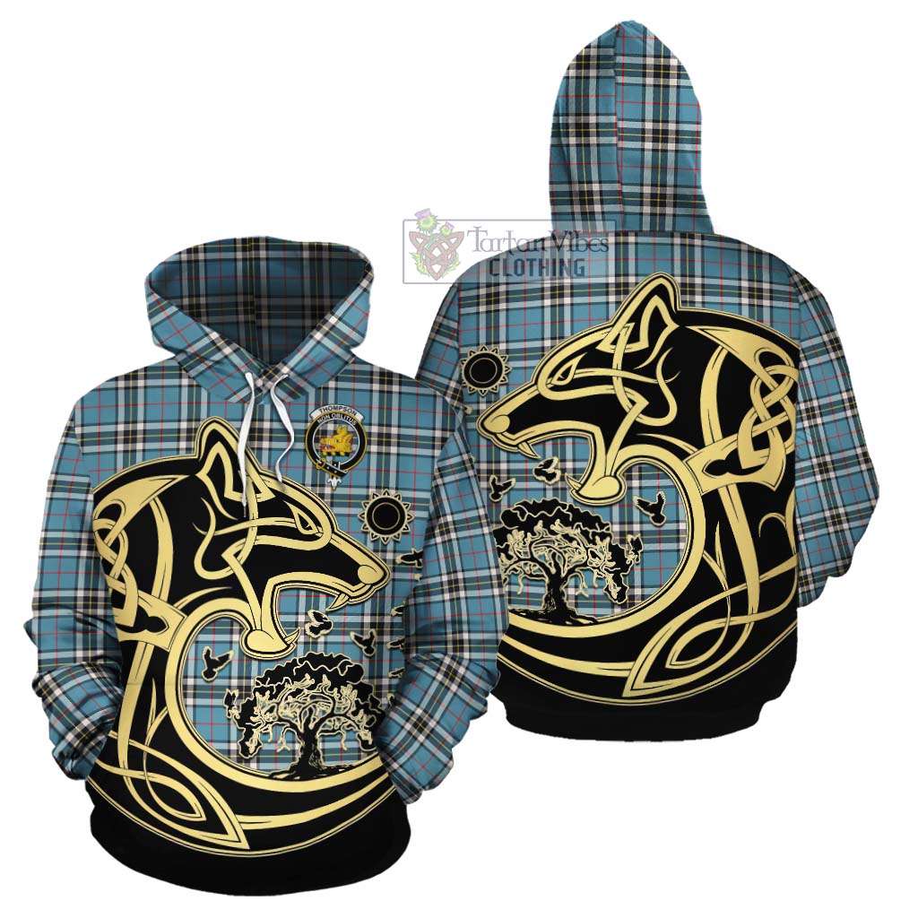 Tartan Vibes Clothing Thompson (Thomson) Tartan Cotton Hoodie with Family Crest Celtic Wolf Style